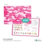Spark & Spark Pink Camouflage Kids Placemat featuring a pink camouflage pattern with a customizable name label 'JESSICA' and educational activities on the back.