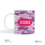 Spark & Spark Purple Camouflage Kids Placemat Mug, 11 oz personalized with the name Jessica printed in a pink oval against purple camouflage background.