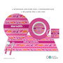 Spark & Spark Dinosaur Trails Girl Kids Placemat, pink dinosaur-themed dinnerware set with personalized name 'Meredith' on placemat, cup, and plate, including cutlery, dishwasher and microwave safe, BPA free and melamine free.