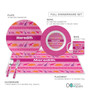 Spark & Spark Dinosaur Trails Girl Kids Placemats, coordinated pink and purple dinosaur-themed dinnerware set including a large round plate, a bowl, a mug, a placemat, and silverware with dinosaur prints, personalized with the name Meredith.
