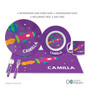 Spark & Spark Rocket Blast Girl Kids Placemat, with matching plate, cup, and utensil set featuring a colorful rocket ship and space theme, personalized with the name 'Camilla'.