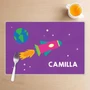 Spark & Spark Rocket Blast Girl Kids Placemat, colorful space-themed placemat with a rocket, Earth, and star illustrations, personalized with the name 'Camilla' for children.