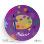 Spark & Spark Ready for Art Girl Kids Placemat, colorful round placemat with a painter's palette, paintbrush, and the name Melanie on a purple background.