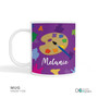 Spark & Spark Ready for Art Girl Kids Placemat Mug, personalized mug with colorful paint palette and brush design and the name Melanie on a purple background.