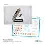 Spark & Spark Urban Skate Grey Kids Placemat, top view showing a skateboard design with the name Michael on the front, and educational activities on the back including maps, alphabet, numbers, and games.