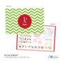 Spark & Spark Green Xmas Chevron Kids Placemat, colorful green and white chevron pattern with a red circle in the center featuring the letter R and the name Ryan, designed for children's dining.