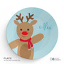 Spark & Spark Sweet Reindeer - Blue Kids Placemat, featuring a cute reindeer with a red nose and a red scarf on a blue background, personalized with the name 'Alex'.