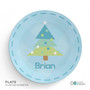 Spark & Spark Modern Xmas Tree - Blue Kids Placemat, a blue round placemat featuring a Christmas tree illustration and the name Brian.