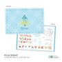 Spark & Spark Modern Xmas Tree - Blue Kids Placemat, featuring a festive tree with a name 'Brian' underneath on a light blue background.