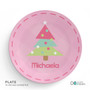 Spark & Spark Modern Xmas Tree - Pink Kids Placemat, pink round kids placemat featuring a Christmas tree design decorated with colorful ornaments and the name 'Michaela' printed at the bottom.