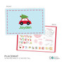 Spark & Spark Here Comes The Xmas Tree Kids Placemat, light blue children's placemat with a red car carrying a Christmas tree and the name Jayden written below.