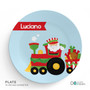 Spark & Spark The Xmas Cho Cho train Kids Placemat, circular plastic plate with a festive train carrying Santa Claus and gifts design.