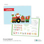 Spark & Spark The Xmas Cho Cho train Kids Placemat, featuring a colorful Christmas train with Santa and presents on a light blue background.