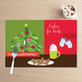 Spark & Spark Xmas Cookies And Cocoa Holiday Placemat, festive holiday placemat with Christmas tree, cookies, mug of hot cocoa, and Christmas stockings.