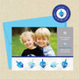 Shown with optional bright blue envelope and matching return address label