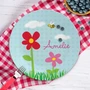 Custom baby shower gift - Spring Flowers plate with colorful spring flowers garden bouquet, personalized name, custom name, 10in round, BPA free