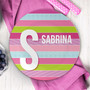 Sweet Lines personalized plate, gift for toddler girl, featuring pink and green modern stripe, custom name, 10in round, BPA free, dishwasher safe