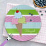 Personalized kids dinnerware - Yummy Ice Cream personalized plate showing colorful stacked ice cream scoops, custom name, 10in round, BPA free