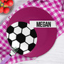Toddler self feeding plate for girls - Soccer Fan Purple plate with soccer ball purple and pink, custom name, 10in round, BPA free, dishwasher safe