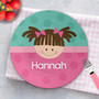 Personalized toddler plate Just Like Me Girl Aqua showing cute girl character on aqua, custom name, 10in round, BPA free, dishwasher safe