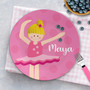 Personalized kids plate with pink ballerina design and name Maya on polka dot background