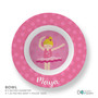 Personalized kids bowl with pink ballerina design and name Maya on polka dot background