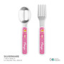 Personalized kids silverware with pink ballerina design and name Maya on polka dot background