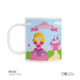Personalized kids mug with royal character castle scene and name Stephanie on a banner
