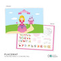 Personalized kids placemat with royal character castle scene and name Stephanie on a banner
