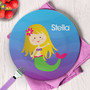 Personalized kids plate with cute blonde mermaid ocean background and name Stella on blue gradient