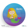 Personalized kids plate with cute blonde mermaid ocean background and name Stella on blue gradient