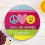 Peace and Love Signs toddler self feeding plate featuring peace sign and love retro, personalized with child's name, custom name, 10in round, BPA