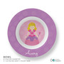 Personalized kids bowl with cute pink princess crown wand and name Avery on polka dot background