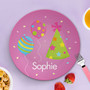 Dishwasher safe kids plate Sweet Bday Girl showing pink birthday cake candles celebration, custom name, 10in round, BPA free, dishwasher safe