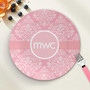 Plate for picky eaters kids Pink Sweet Damask showing sweet pink damask swirl elegant, custom name, 10in round, BPA free, dishwasher safe