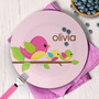 Singing Birds personalized mealtime plate kids featuring sweet birds singing on flowering, personalized with child's name, custom name, 10in round