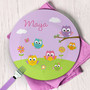 Personalized toddler tableware - Owls On The Field plate with cute owls sitting on green, personalized name, custom name, 10in round, BPA free