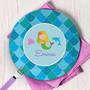 Montessori kids plate Mermaid Shades showing mermaid in blue teal ocean, custom name, 10in round, BPA free, dishwasher safe