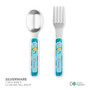 Personalized kids silverware with mermaid dolphin seashell and ocean scale pattern in blue tones and name Emma