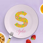 Personalized mealtime plate kids for girls - Flower Initial plate with flower garden monogram initial letter, custom name, 10in round, BPA free