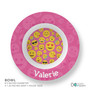 Personalized kids bowl with colorful emoji faces on pink background and name Valerie