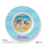 Personalized kids bowl with beach girl holding surfboard sunny ocean scene and name Ashley