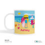 Personalized kids mug with beach girl holding surfboard sunny ocean scene and name Ashley