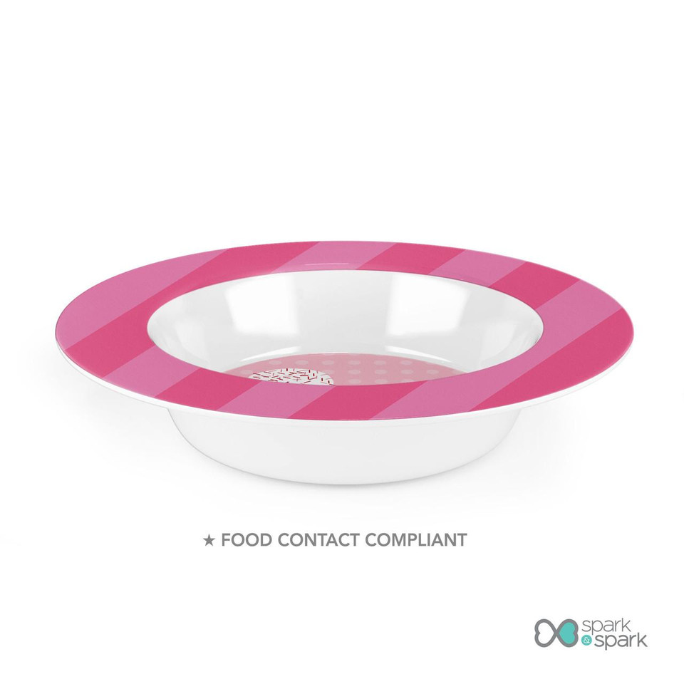 Spark & Spark Sweet & Yummy Pink Kids Plates, pink and white children's plate with a decorative pink striped border.