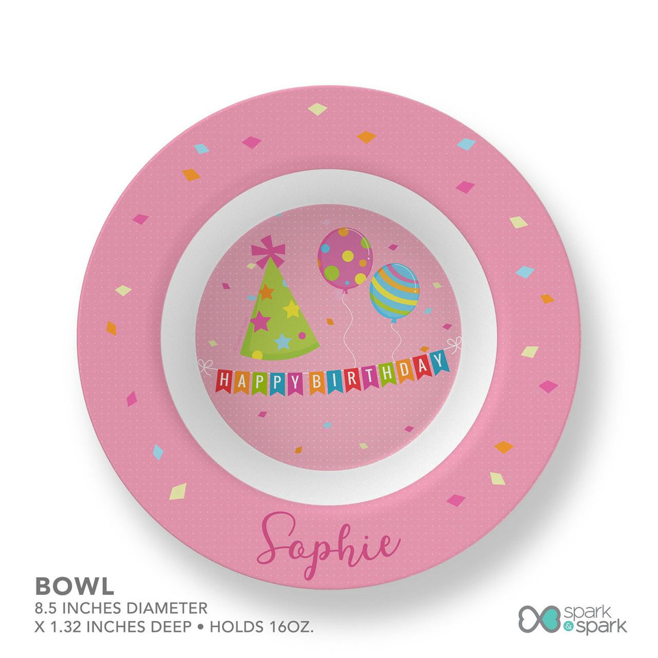 Spark & Spark Birthday Pop Kids Bowl, pink birthday themed bowl with party hats, balloons, confetti, and personalized name Sophie.