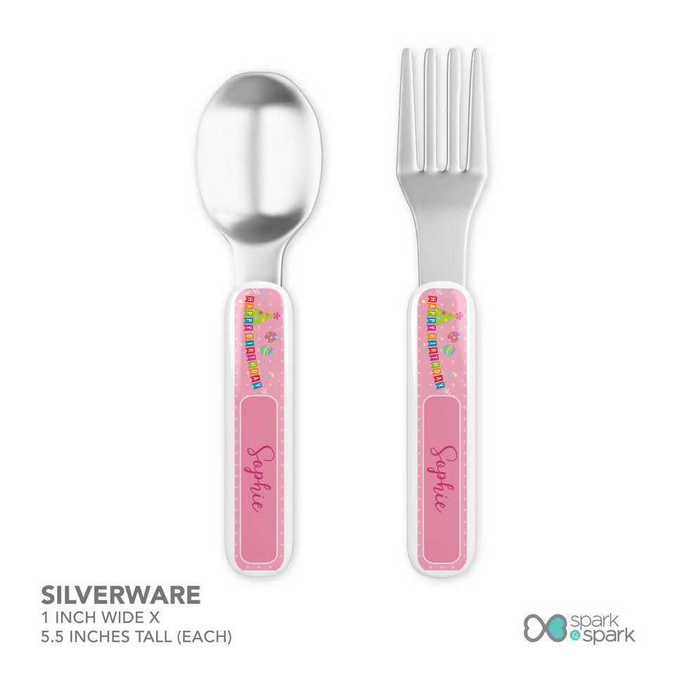Spark & Spark Birthday Pop Kids Bowl, silverware set including a spoon and fork with pink color handles decorated with birthday-themed designs and 'Happy Birthday' message.