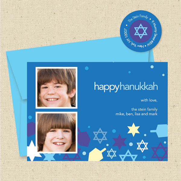 Shown with optional bright blue envelope and matching return address label