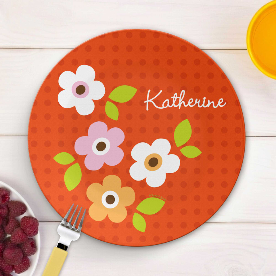 Preppy Flowers Orange Personalized Kids Plates