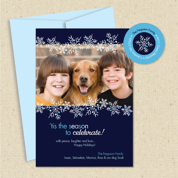 Shown with light blue envelope and matching return address label