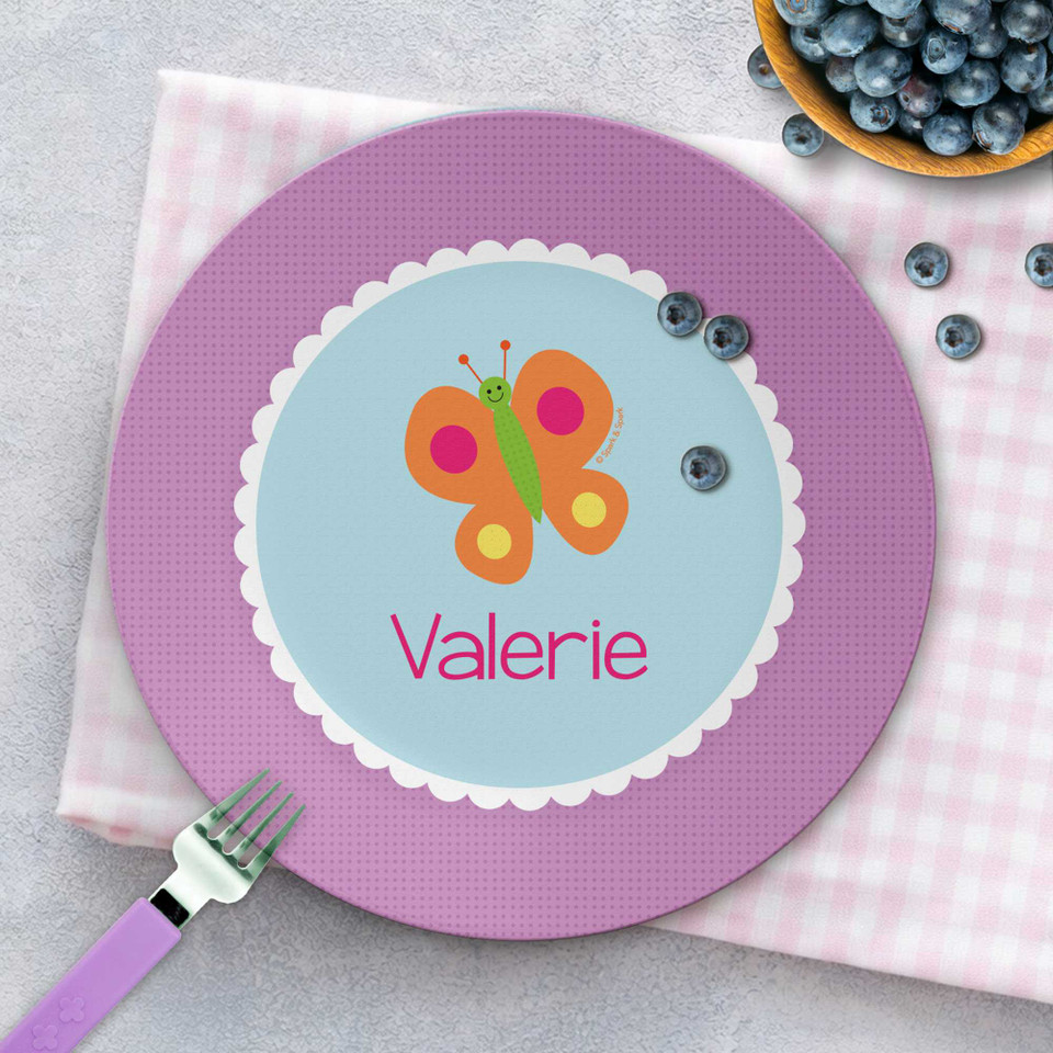 Sweet Butterfly custom kids plate featuring sweet pastel butterfly among garden, personalized with child's name, custom name, 10in round, BPA free